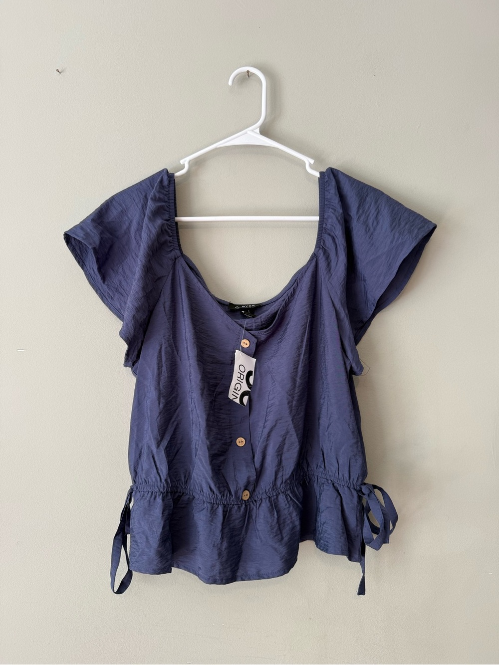 A. Byer Navy Short-Sleeve Tie-Waist Blouse